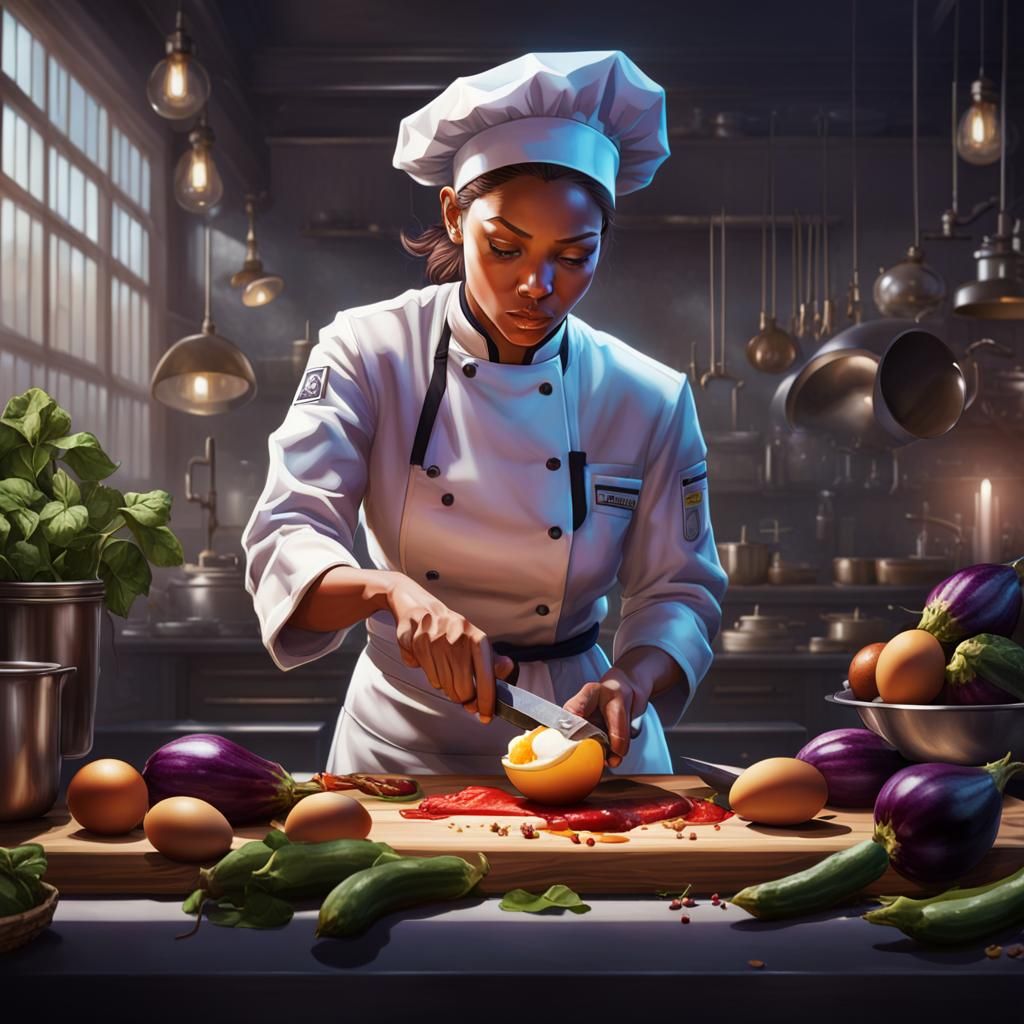 Woman Chef Portrait in Hyperdetailed Kitchen Art