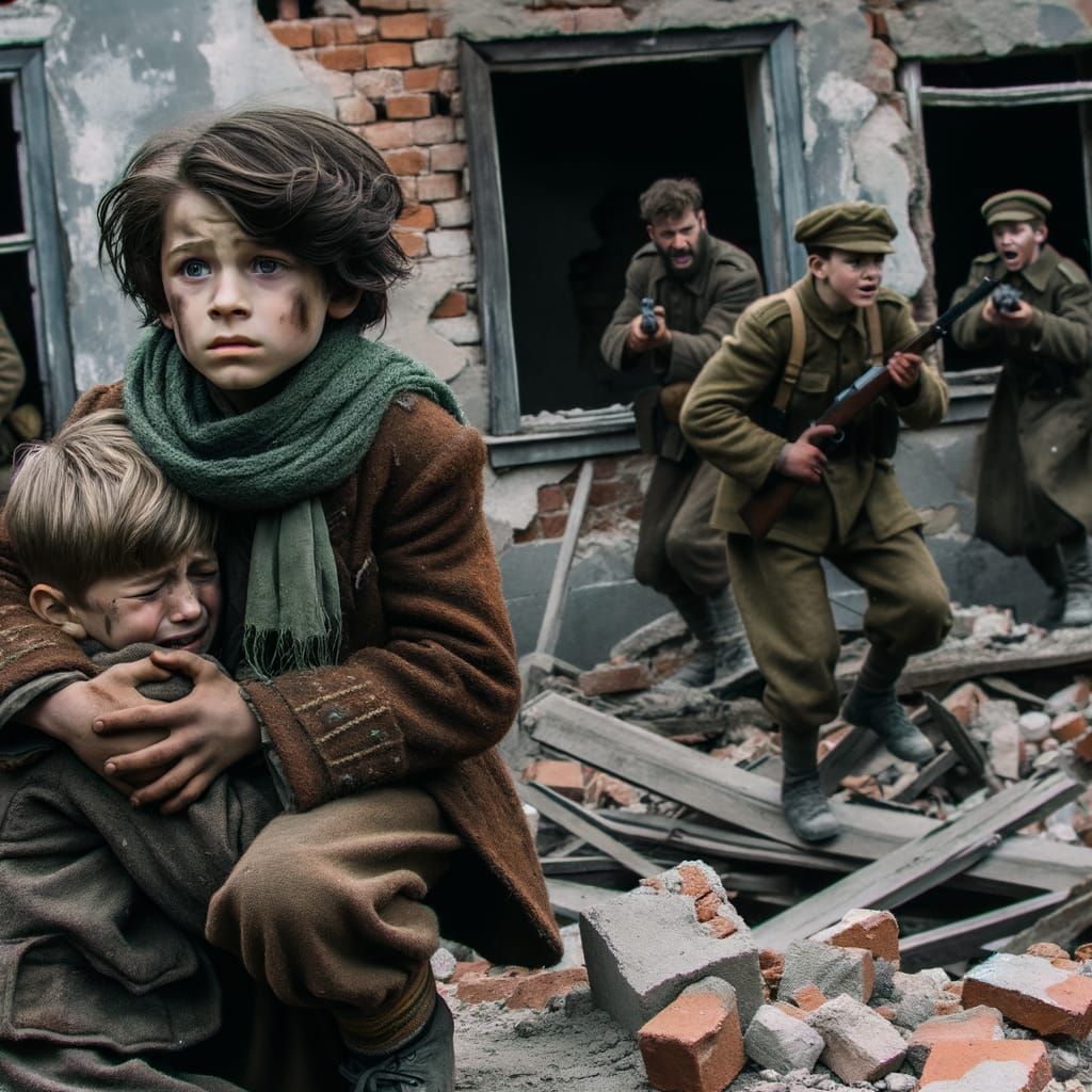 Young Boy Protects Brother Amidst Ruins