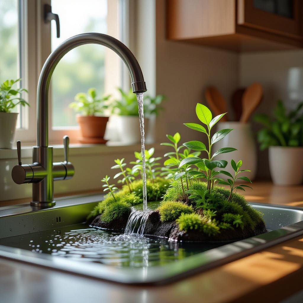 Hyperrealistic Waterfall Flows into Miniature Forest