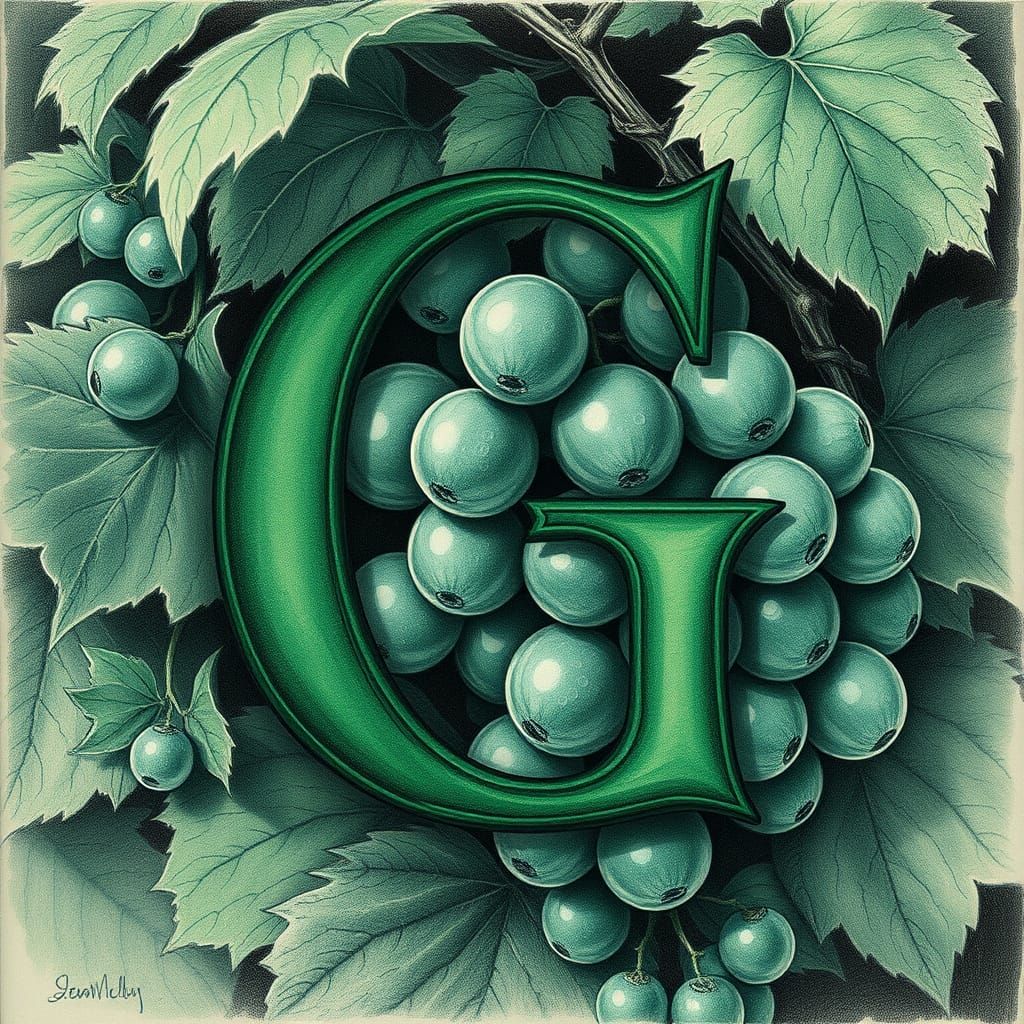 Green Letter G Charcoal Drawing with Grapes