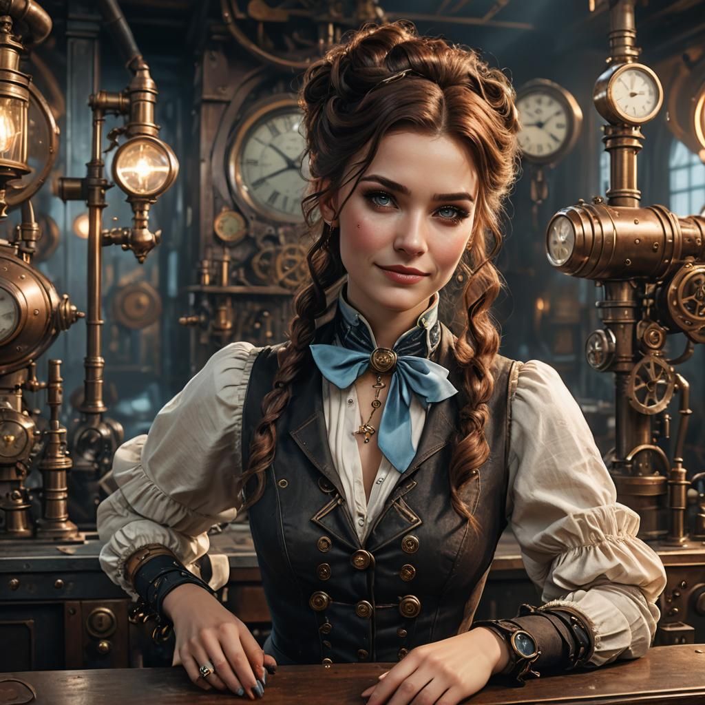 Steampunk Woman with Confident Smirk in Hyperrealistic Style