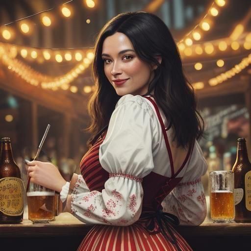 Bavarian Woman in Dirndl Dress, Expressive Oil Painting