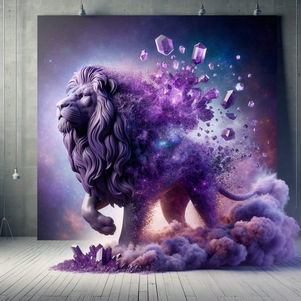 Amethyst Lion Sculpture Emerging from Mystical Dust