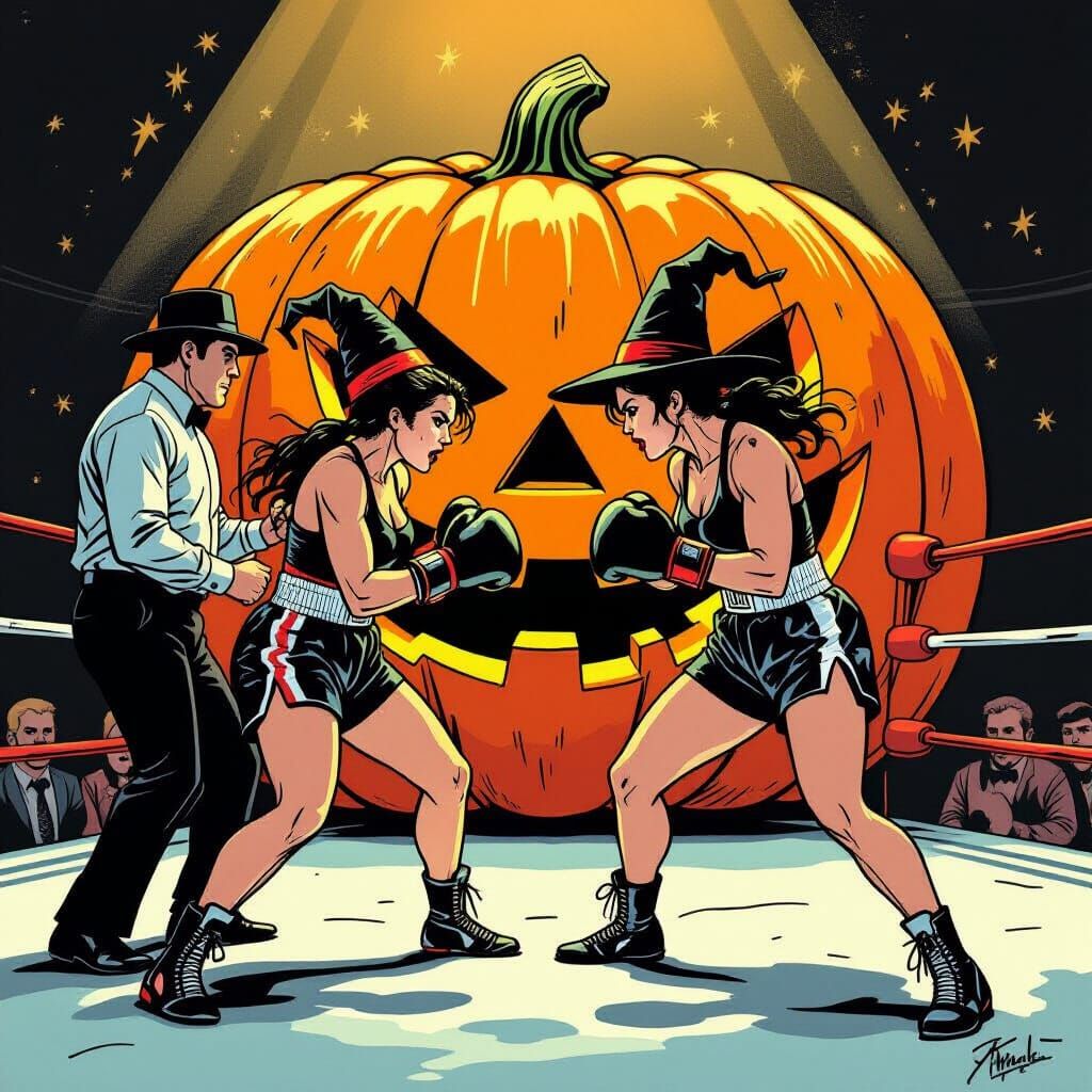 Women Boxers Fight in Pumpkin Ring with Witch Referee
