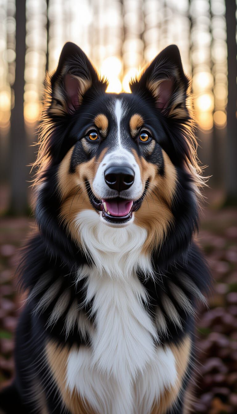 Hybrid Dog Portrait in Forest at Dusk