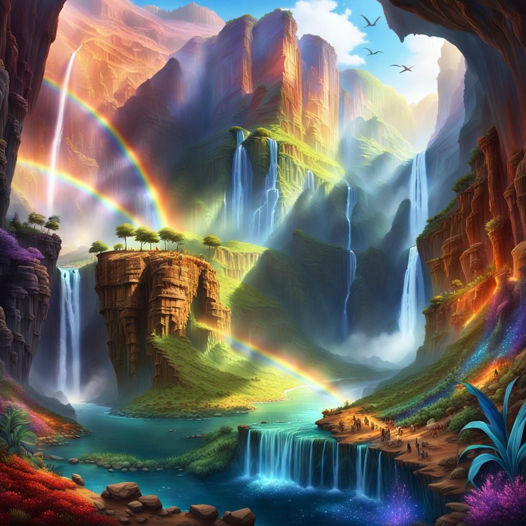 Vibrant Canyon Landscape with Iridescent Light and Rainbow-H...