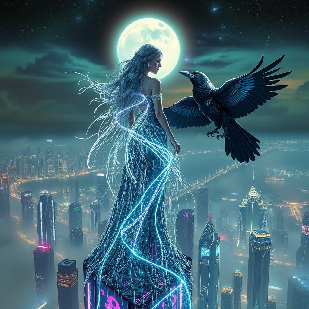 Cyberpunk Enchantress Surveys Futuristic Metropolis