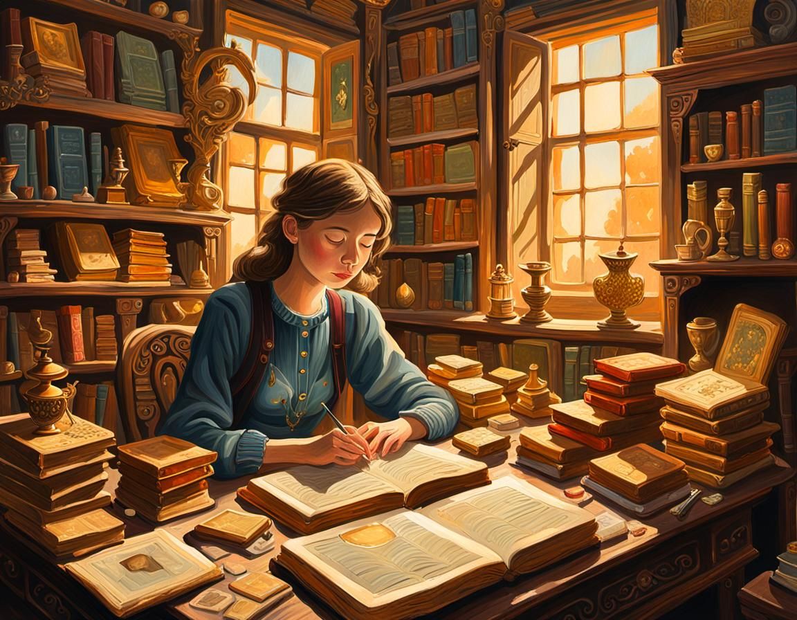 Woman in Cozy Study: Gouache Detailed Painting