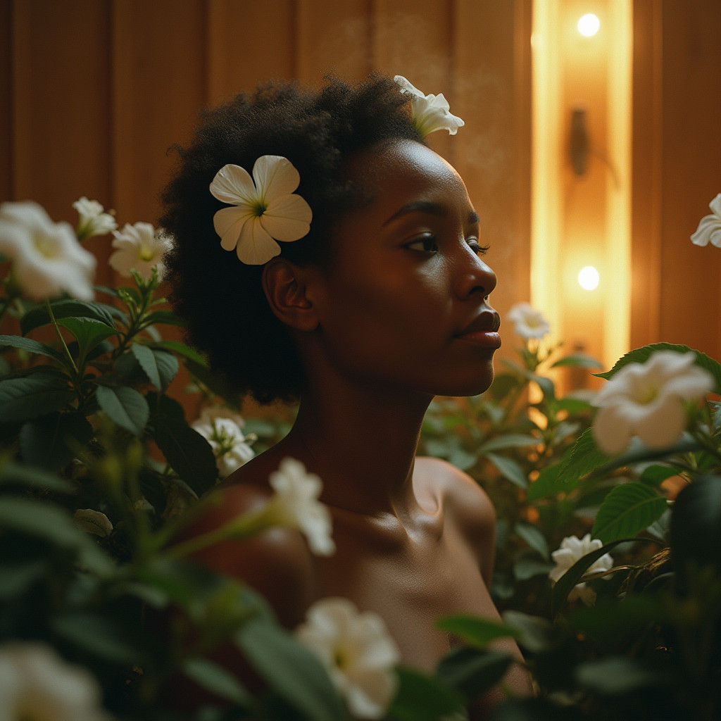 Serene African Woman in Sauna with Petunias