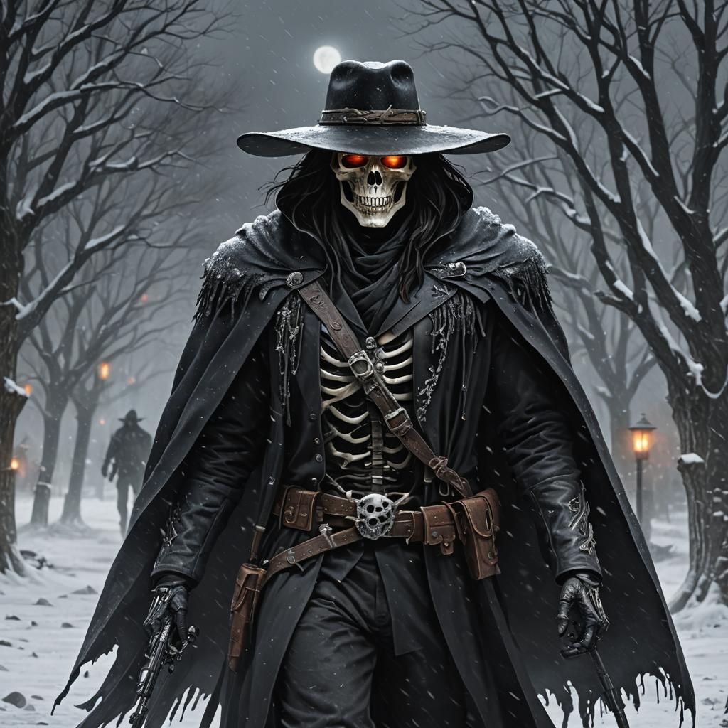 Grim Reaper Cowboy in Snowy Dark Fantasy Style