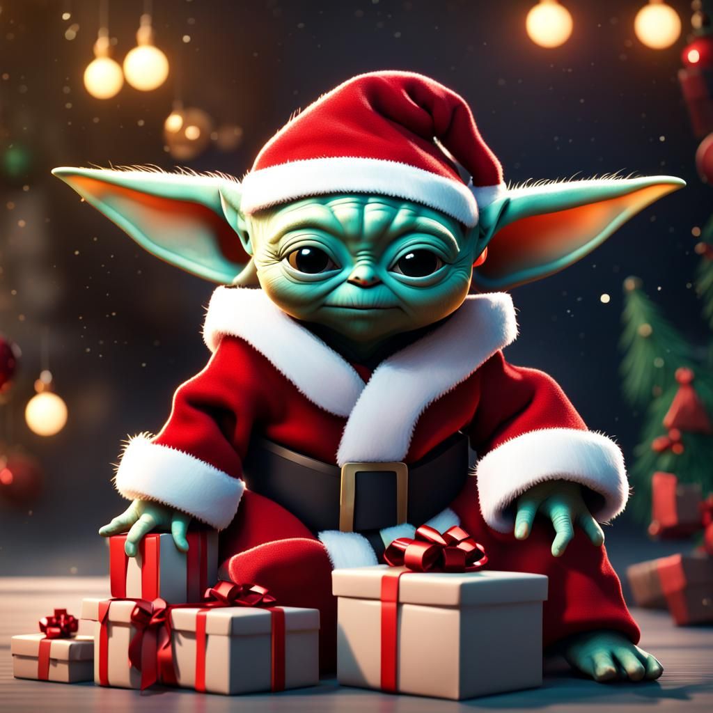 Baby Yoda as Santa Claus with Gifts