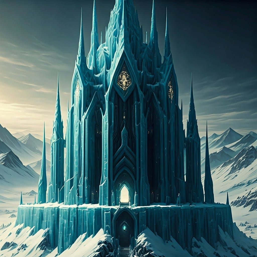 Detailed Ice Castle in Snowy Landscape, 8k