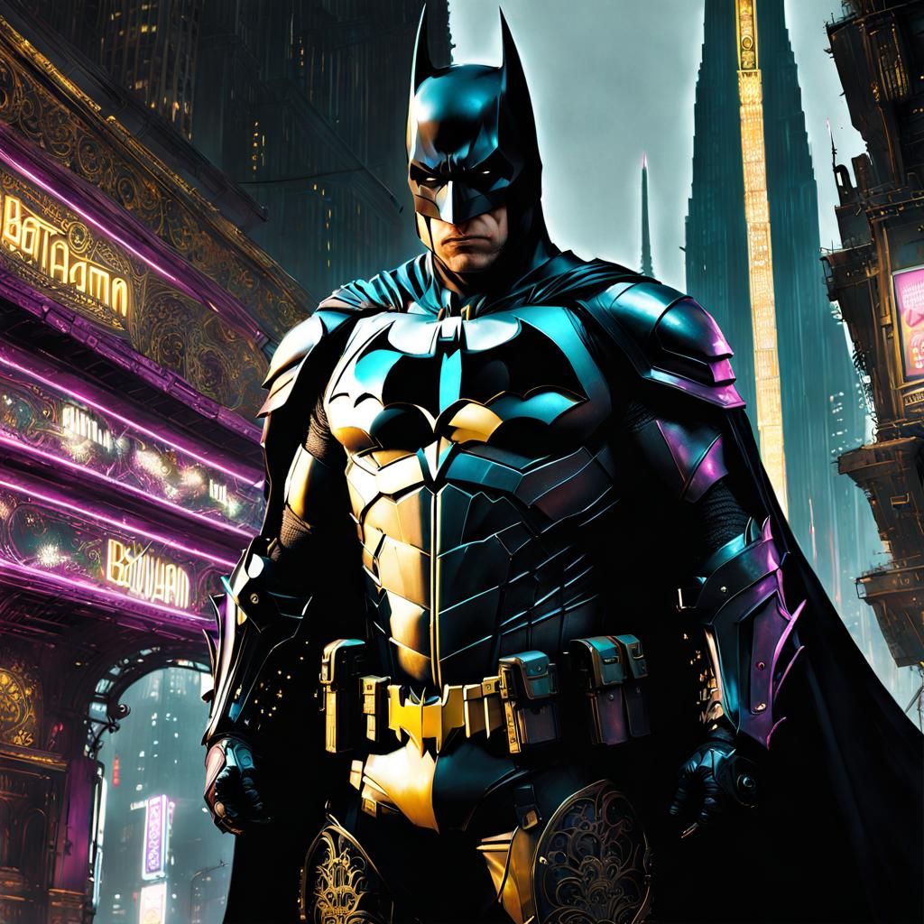 Solarpunk Batman in Cyberpunk Gotham, Maximalist Art