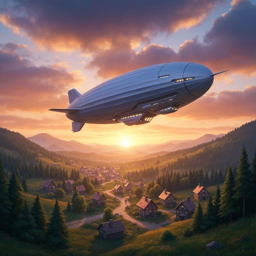 Futuristic Zeppelin Above Quaint Village Sunset