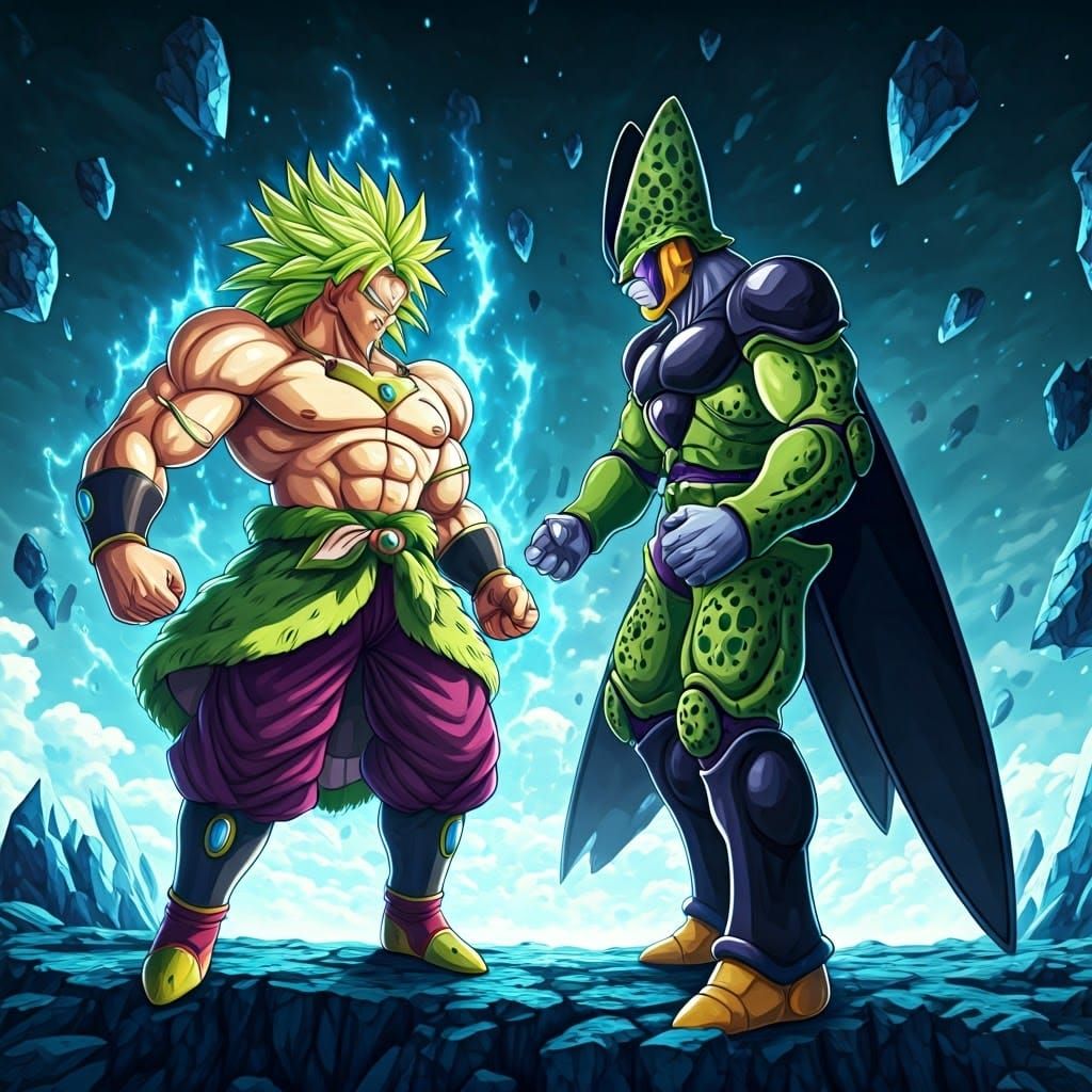 Broly and Cell Clash in Dreamlike Landscape