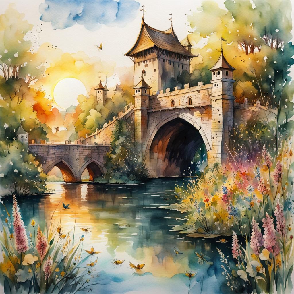 Fantasy Drawbridge in Watercolor Gouache Style