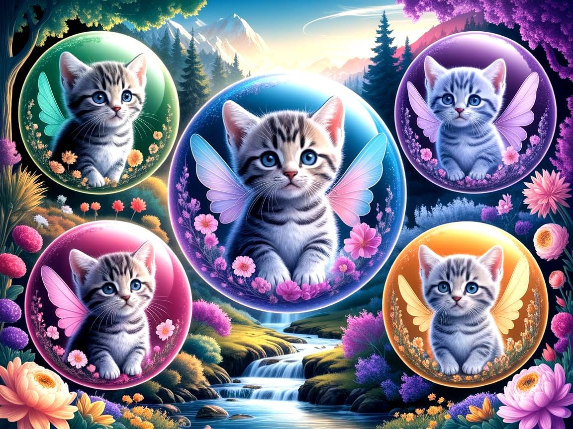 Enchanted Bubbles: Kittens and Fairies in a Fantasy Landscap...