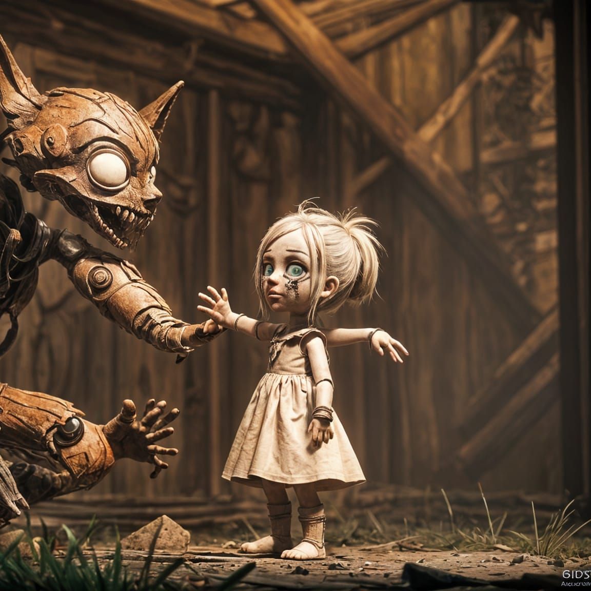 Girl and Puppet in Detailed 3D Game Style