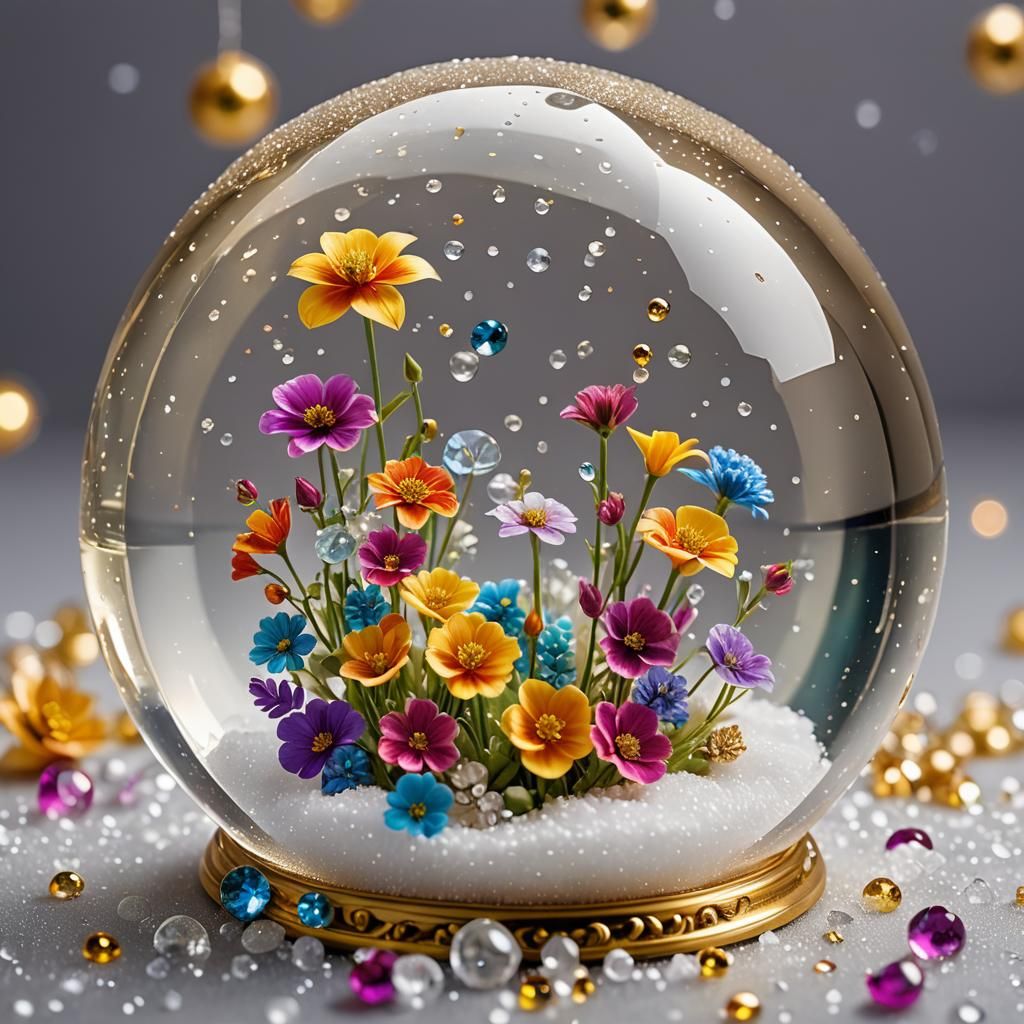 Rainbow Snow Globe with Flowers and Diamonds