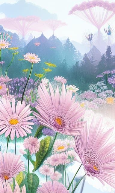 Botanical Daisies and Pearls: Whimsical Digital Painting