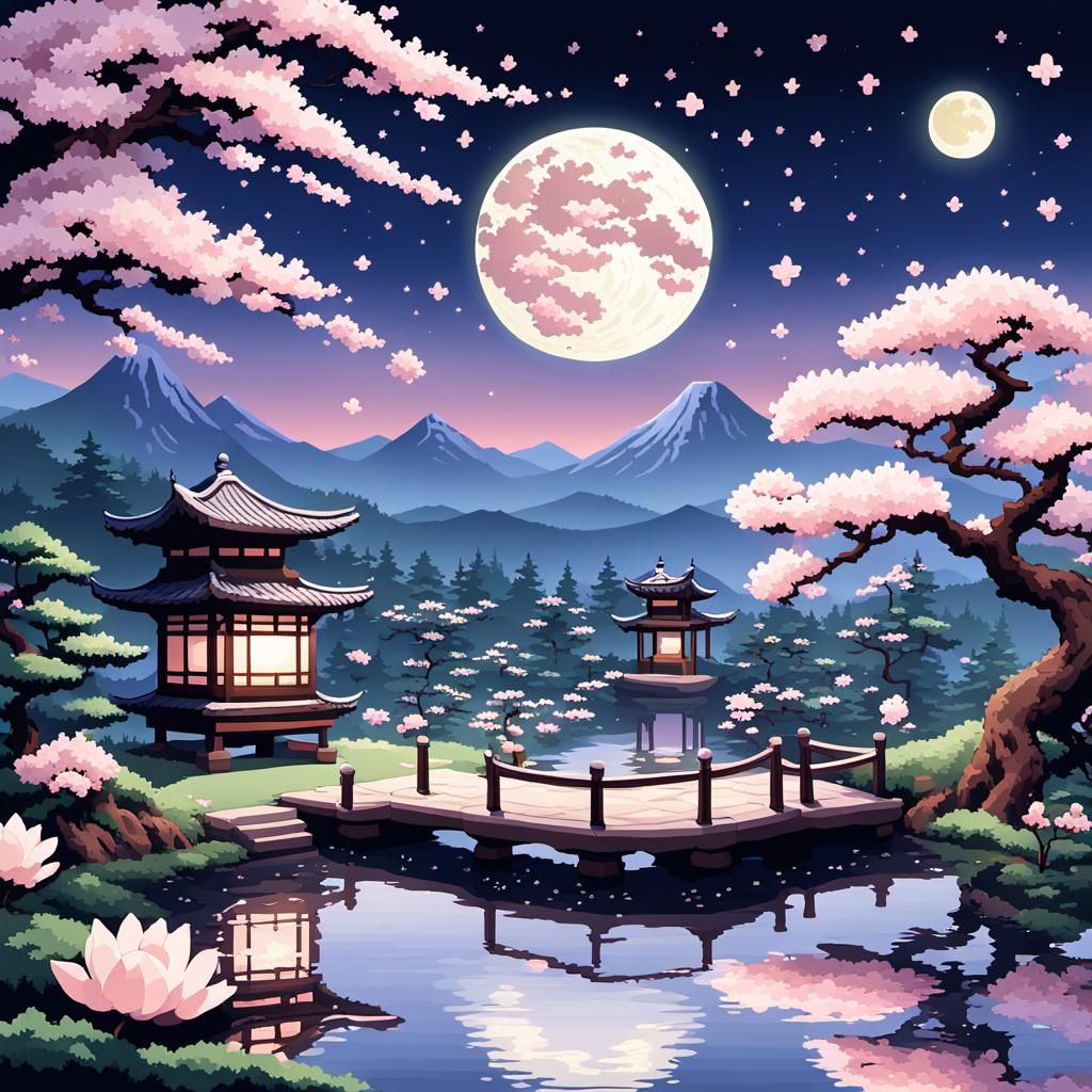 Pixel Art Zen Garden Under Crescent Moon