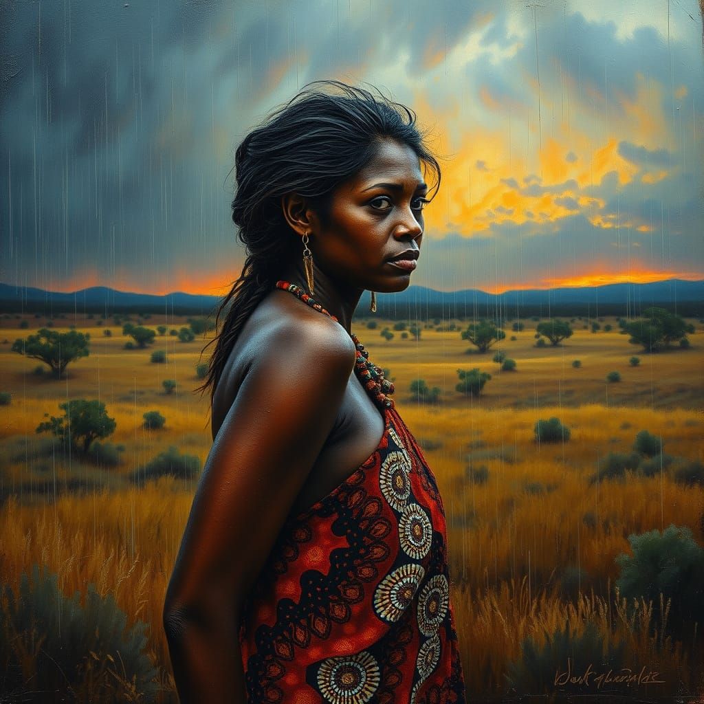 Aboriginal Woman in Australian Storm, Encaustic Painting