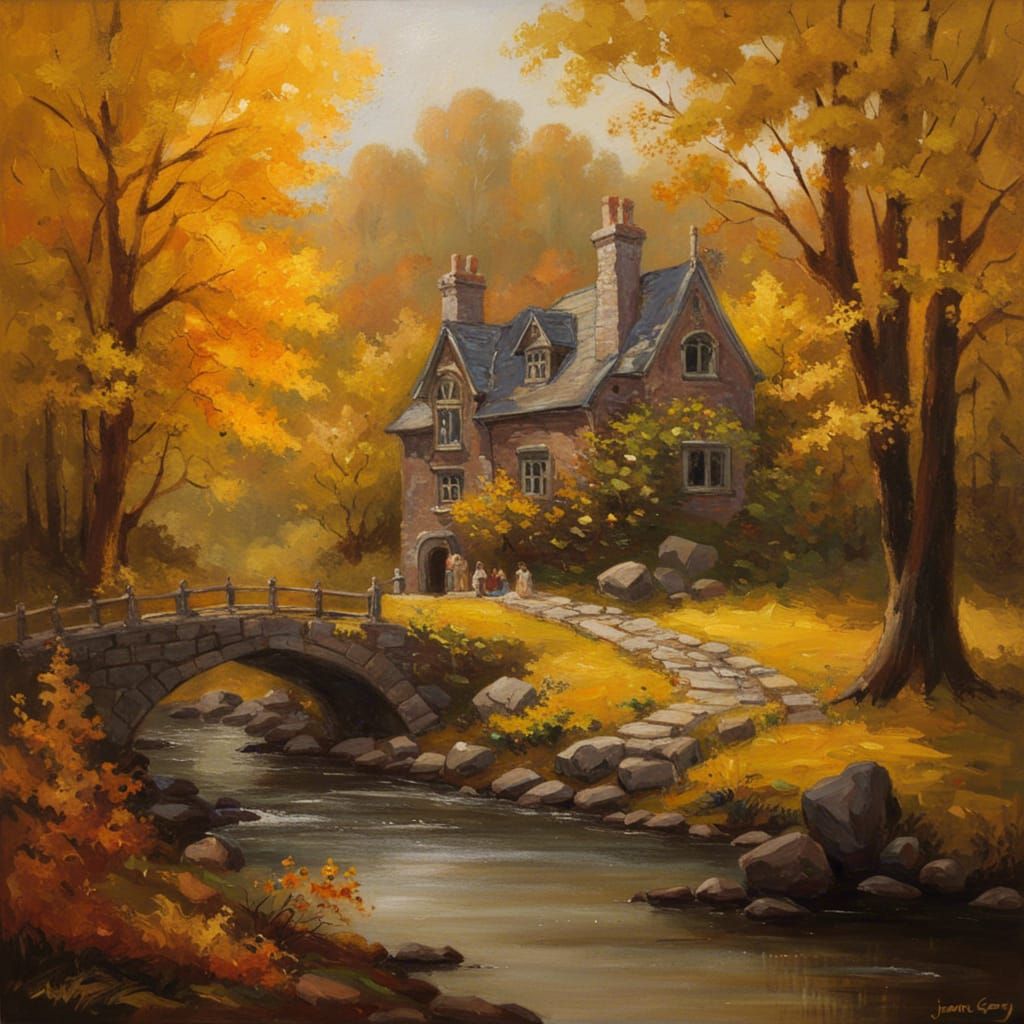 Cozy Victorian Home in Autumnal Forest, Oil Painting