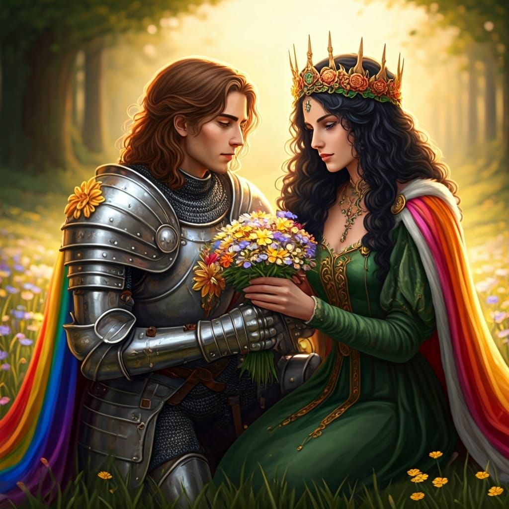 Knight Offers Flowers to King in Art Nouveau Style