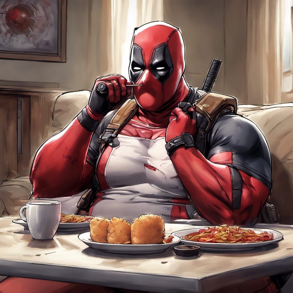 Chubby Deadpool Enjoys Chimichanga: Anime-Style Still