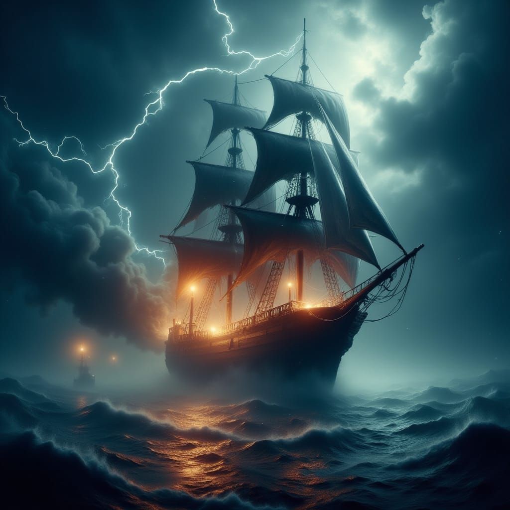 Ethereal Ghost Ship Emerges from Ocean Mist