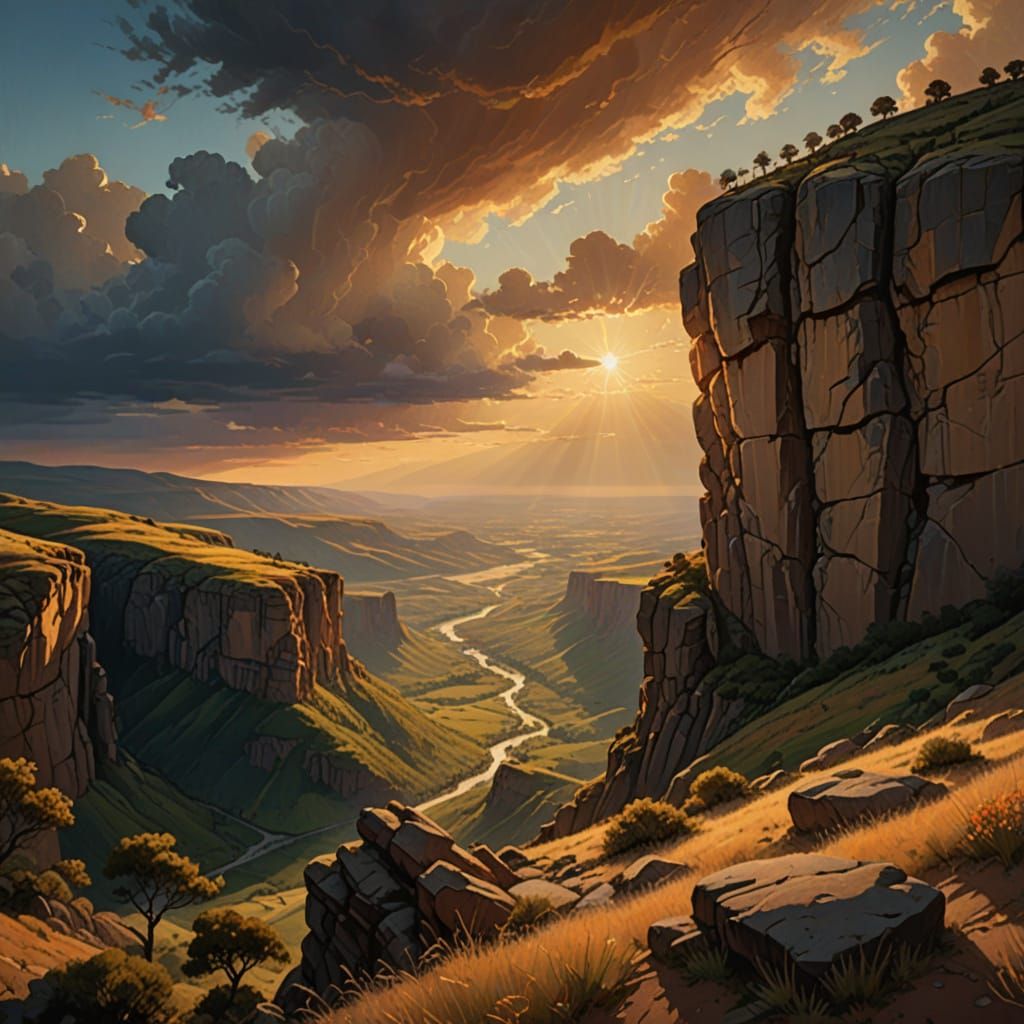 Ethereal Gorge Painting with Divine Sunlight