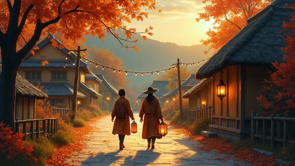 Autumn Village Lantern Walk: Impressionistic Scene