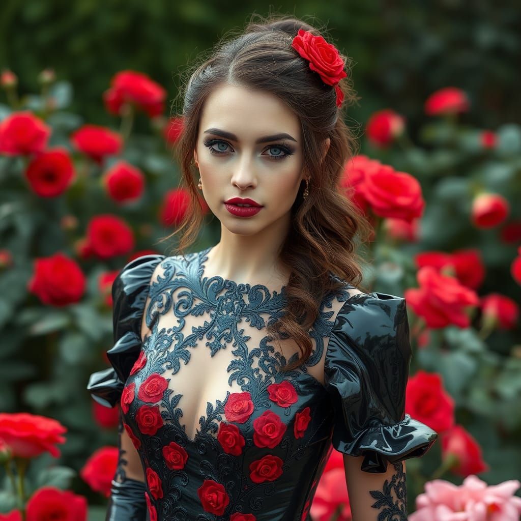 Woman in Latex Dress in Rose Garden