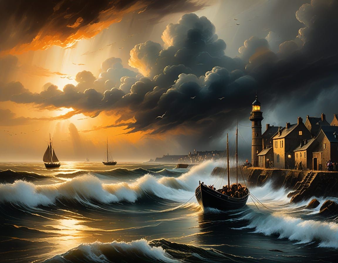 Moody Seaside Townscape in Golden Light