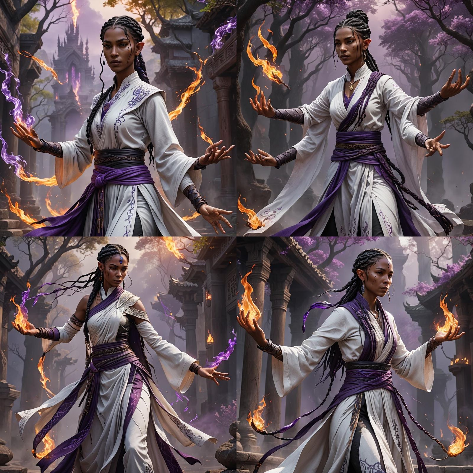 Half-Elf Monk with Purple Flames, Fantasy Art