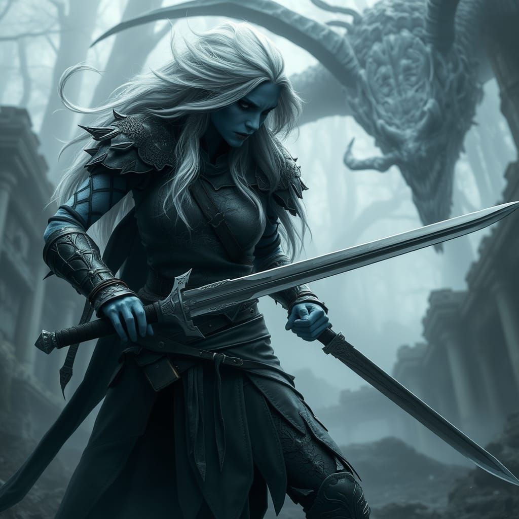 Fierce Dark Elf Warrior Battles Skeleton Dragon in Mystical ...