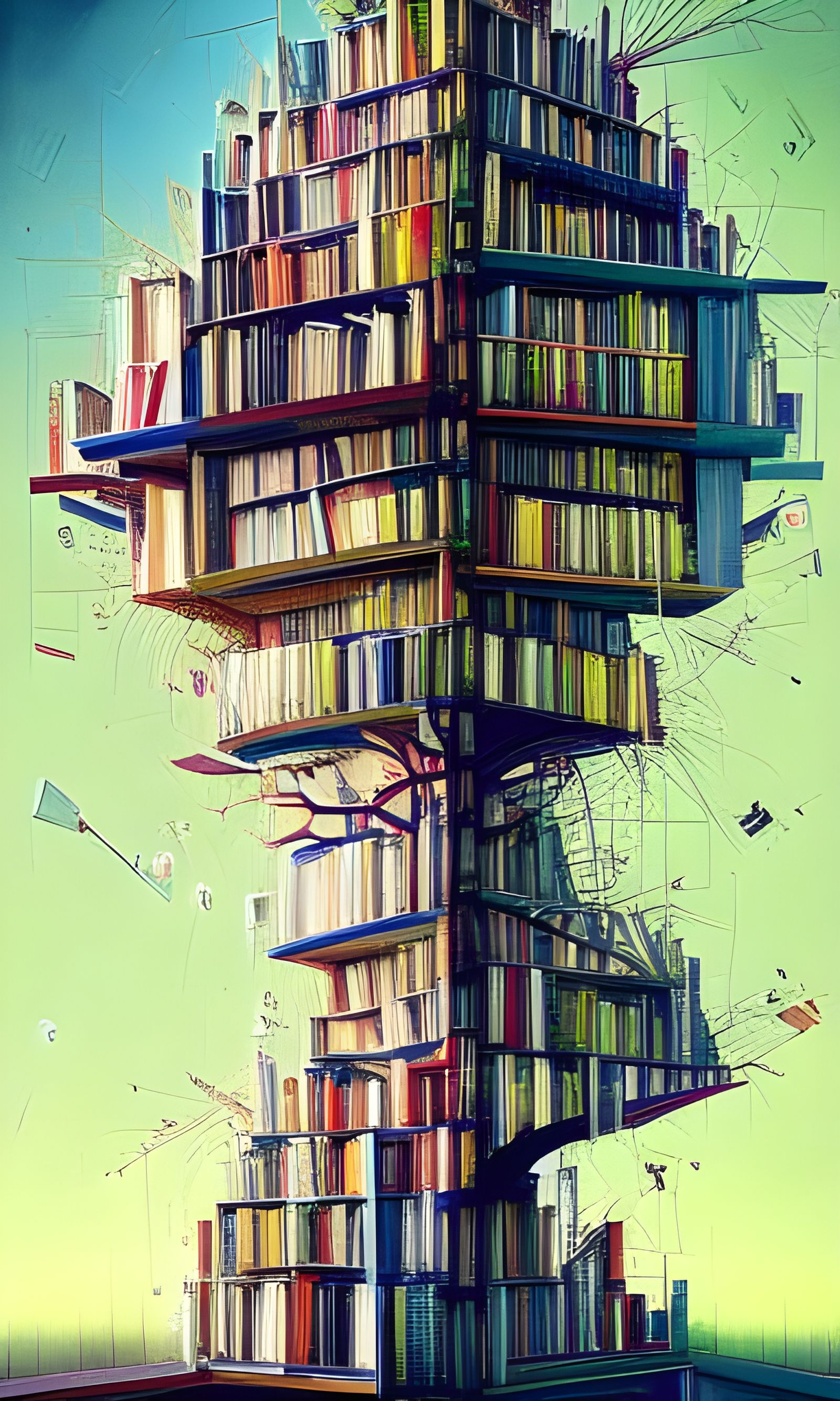 Colorful Library Bookshelf Tree in Photorealistic Style