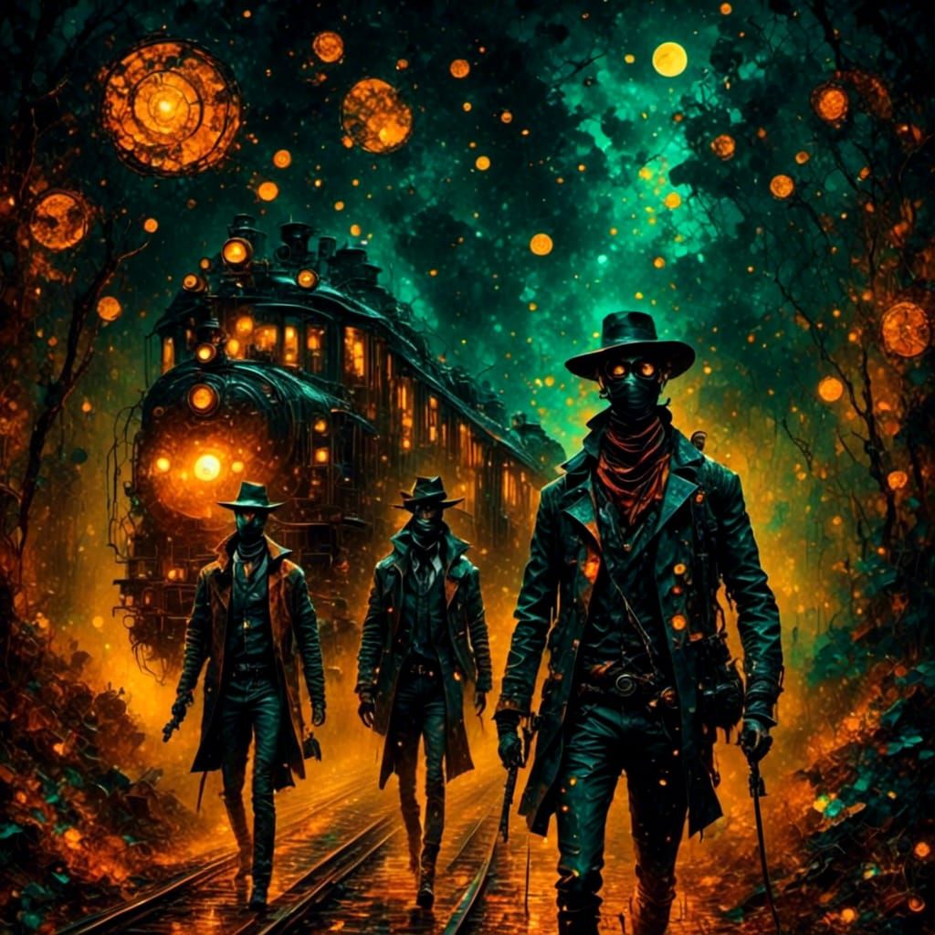 Masked Train Robbery in Wild West at Night