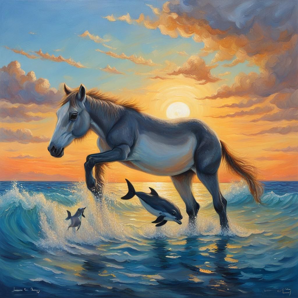 Foal and Dolphin Play at Sunset: Oil Painting