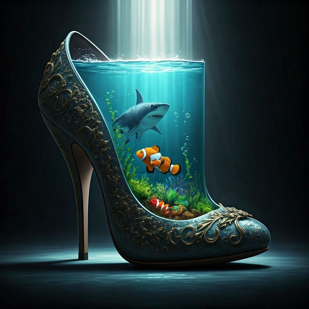 High Heel Aquarium with Shark, Detailed Matte Painting