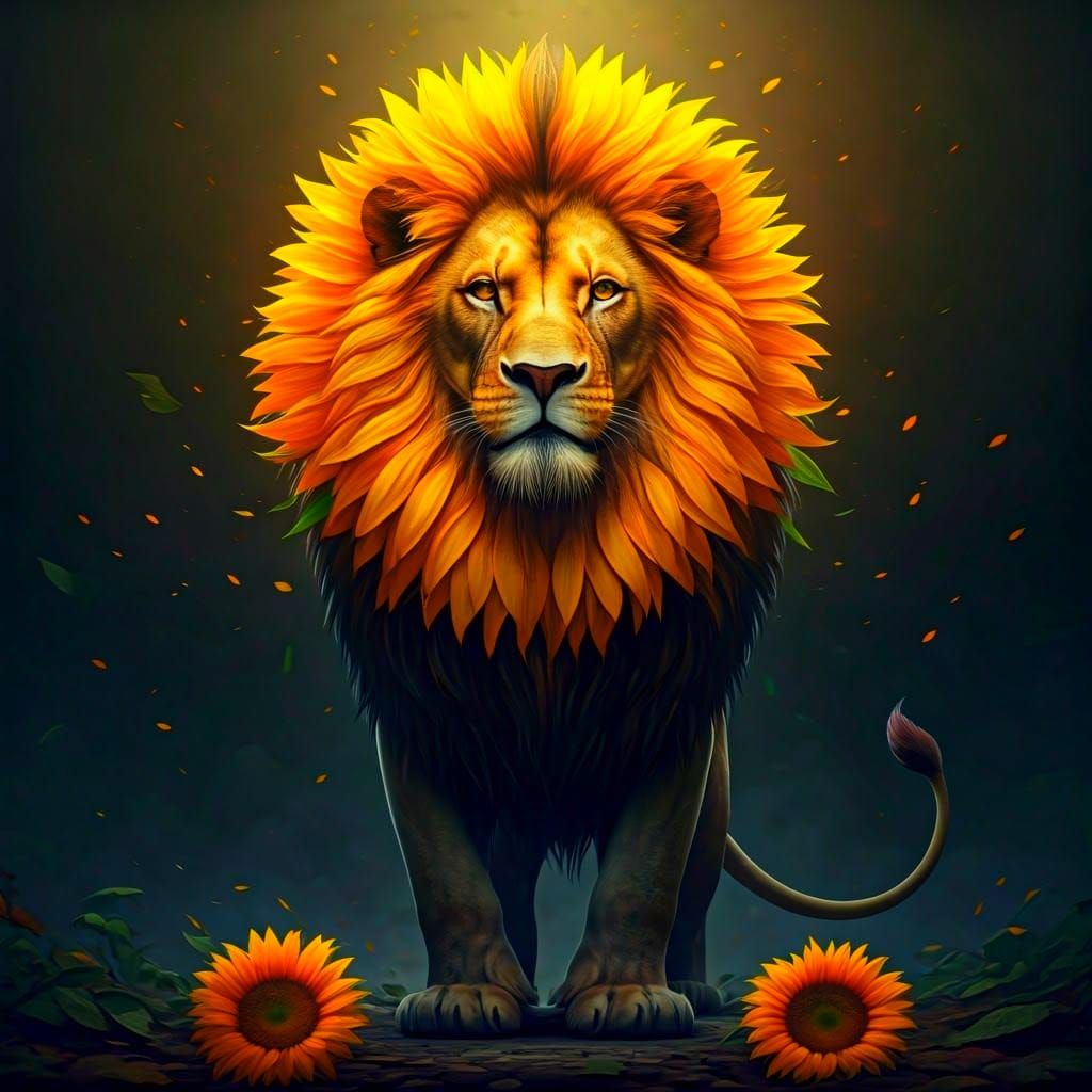 Lion with Sunflower Mane: Fantastical Matte Painting