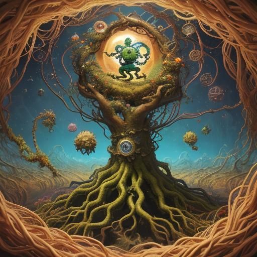 Joyful Gnome Floating in Surreal Earth Tunnel