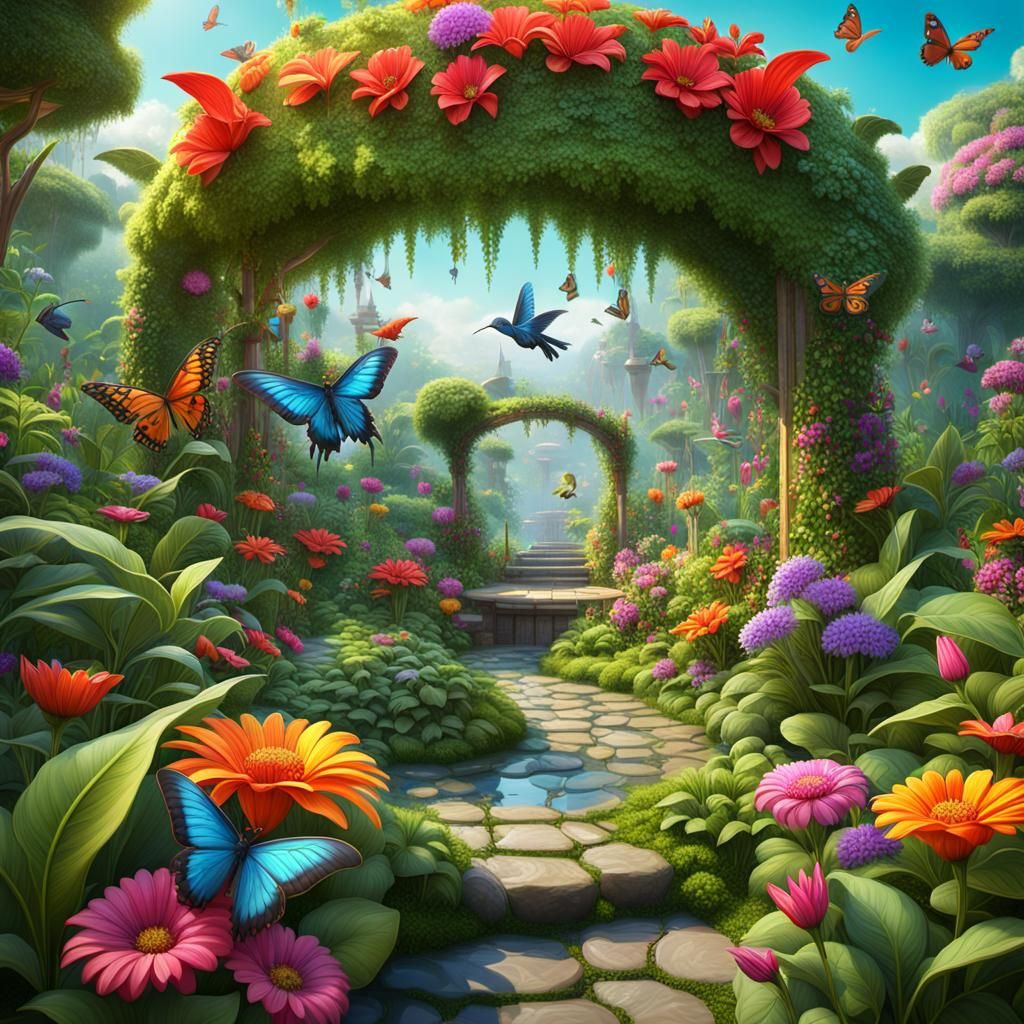 Lush Garden with Hummingbirds: Fantasy Concept Art