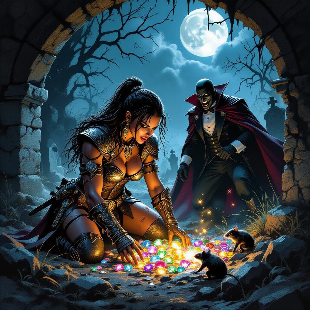 Fantasy Barbarian Battles Dracula and Rats in Gothic Graveya...