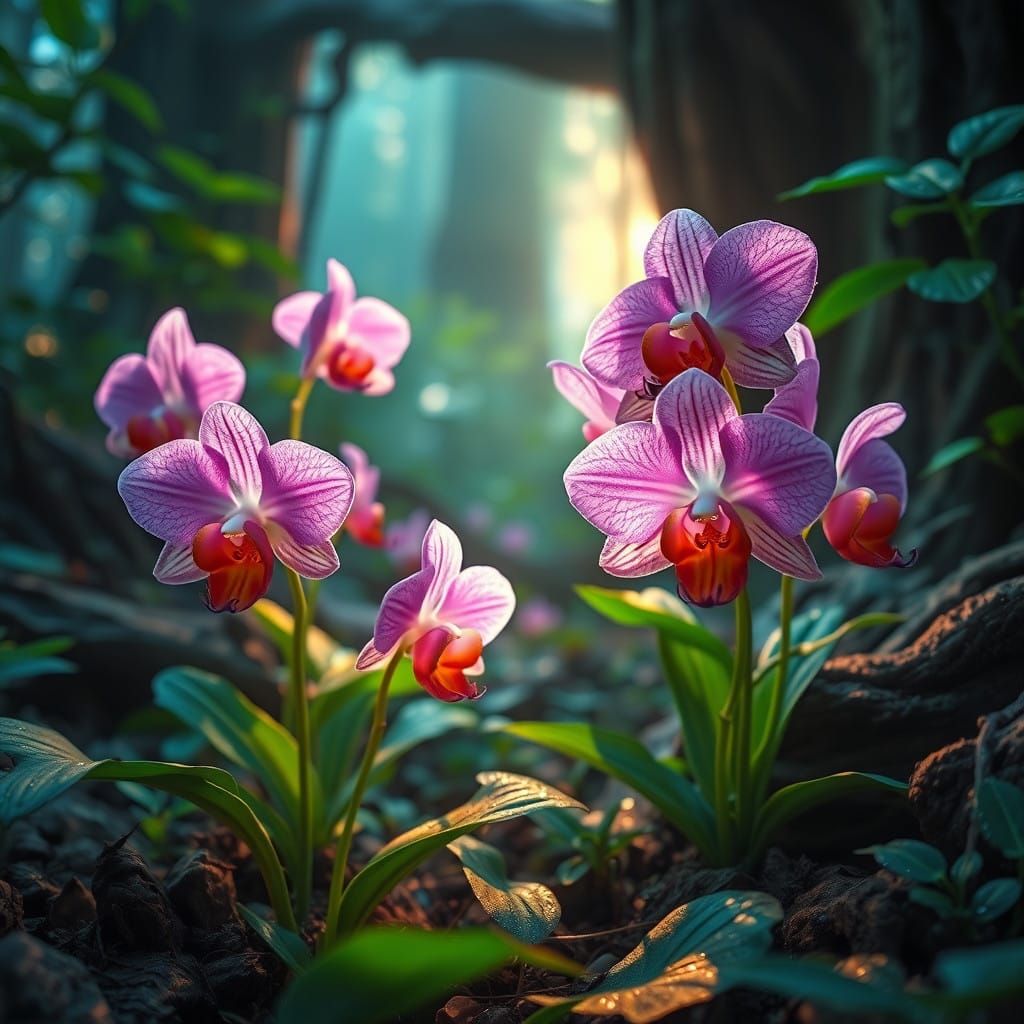 Vibrant Apple Bubble Orchids in Mystical Forest Glade