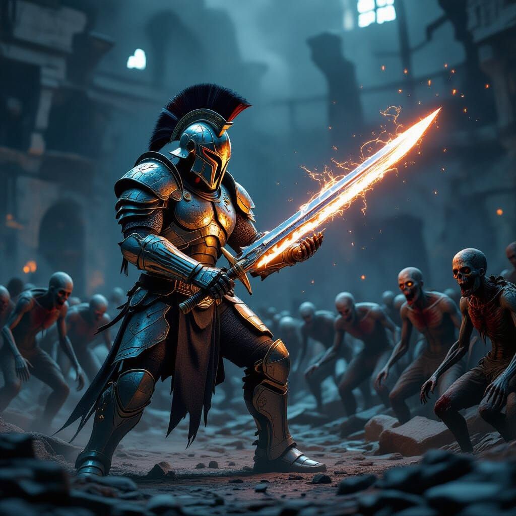 Robotic Gladiator vs. Zombies in Dystopian Arena