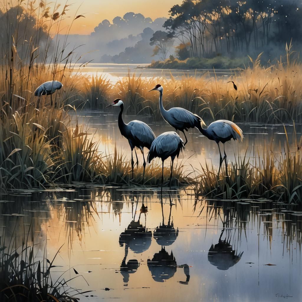 Elegant Cranes Amidst Reed-Covered Lake at Sunset