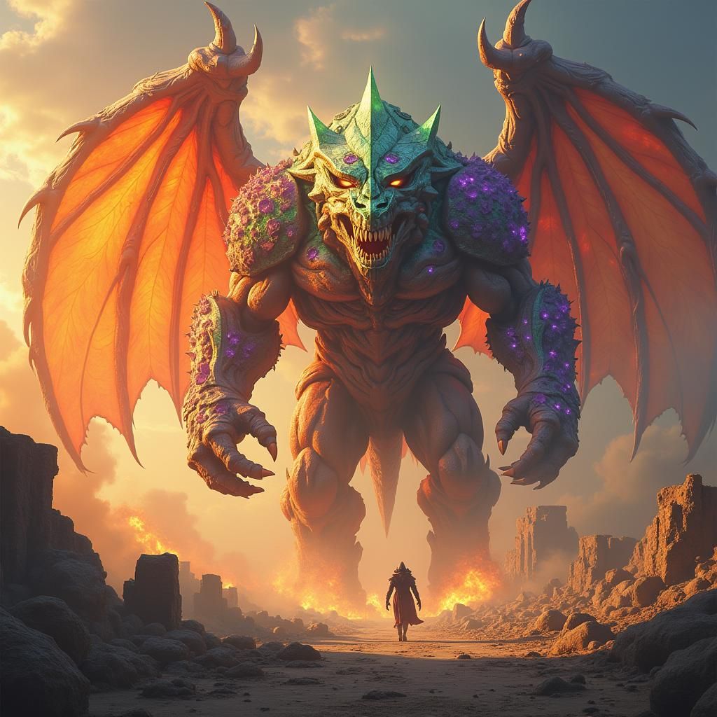 Golem and Titan Battle in Apocalyptic Landscape