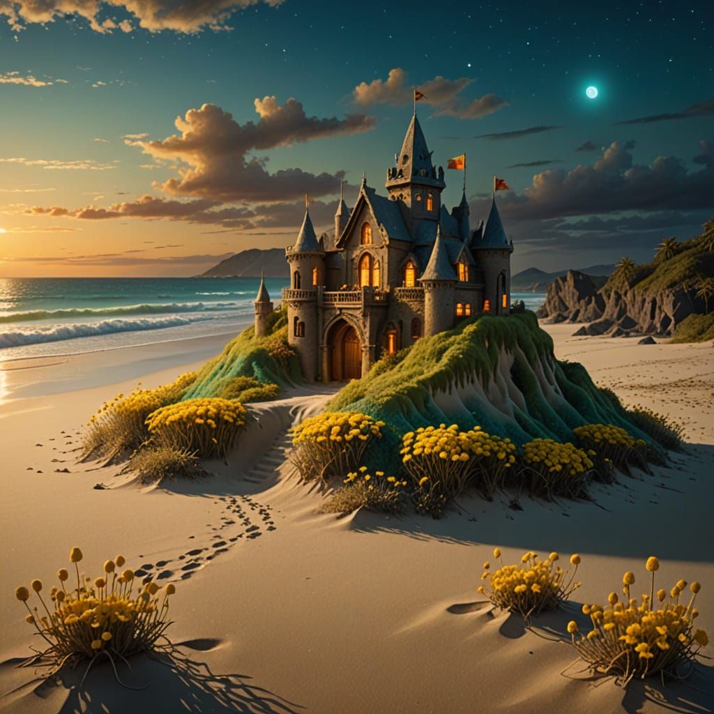 Bioluminescent Sandcastle: Vibrant Digital Matte Painting