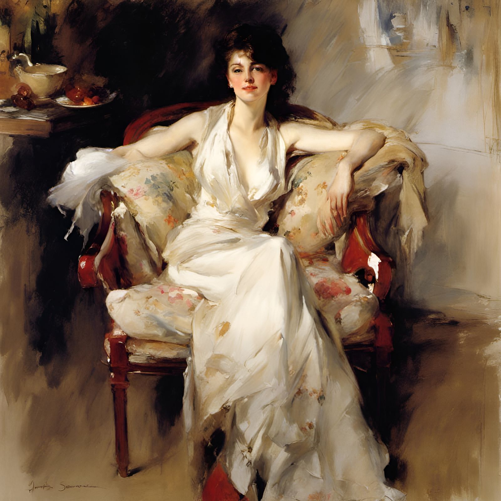 Elegant Woman in Armchair: Portrait Art